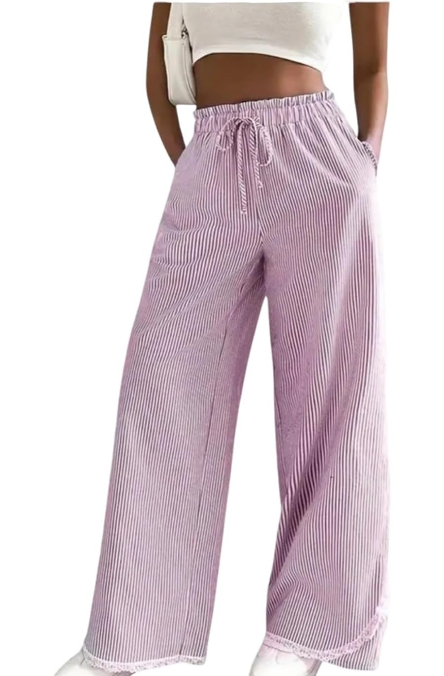 Women's Striped Cotton Lounge Pants with Drawstring Waist – Wide Leg Pajama Bottoms for Casual & Sleepwear (IN, Numeric, 28, Regular, Pink)-picture-43