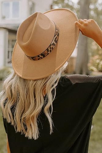 Ruby-Day Womens Fedora Panama Wide Brim Felt Hat With Leopard Band (Camel) #TOP1