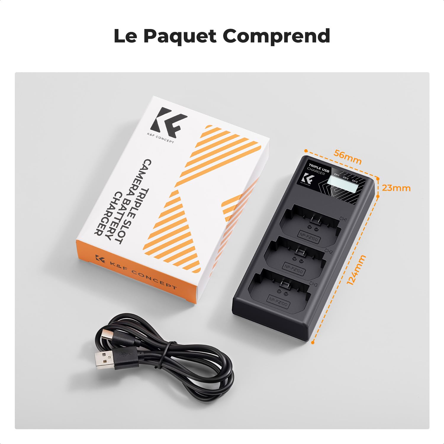 K&F CONCEPT NP-FZ100 Chargeur, 3 Slot Batterie Chargeur avec Écran LCD Compatibles avec Sony A7iii A7iv A7Rv A6700 A6600 A9 A1 FX3 FX30 ZV-E1 Caméras