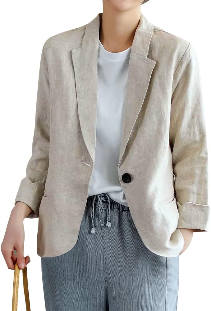 Linen Jackets for Women Spring Summer Blazer Dress Casual 3/4 Sleeve Lightweight Cotton Linen Tops Business Office Work Outfits Clothes (Small, Beige)
