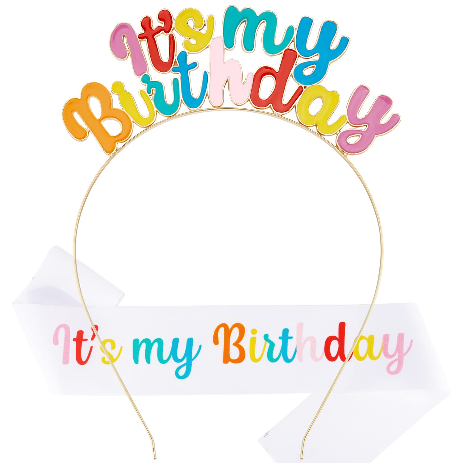 Chanaco Birthday Sash, Girl Headband Set, Tiara Crown, Women's Happy Birthday Decorations and Gifts coloful