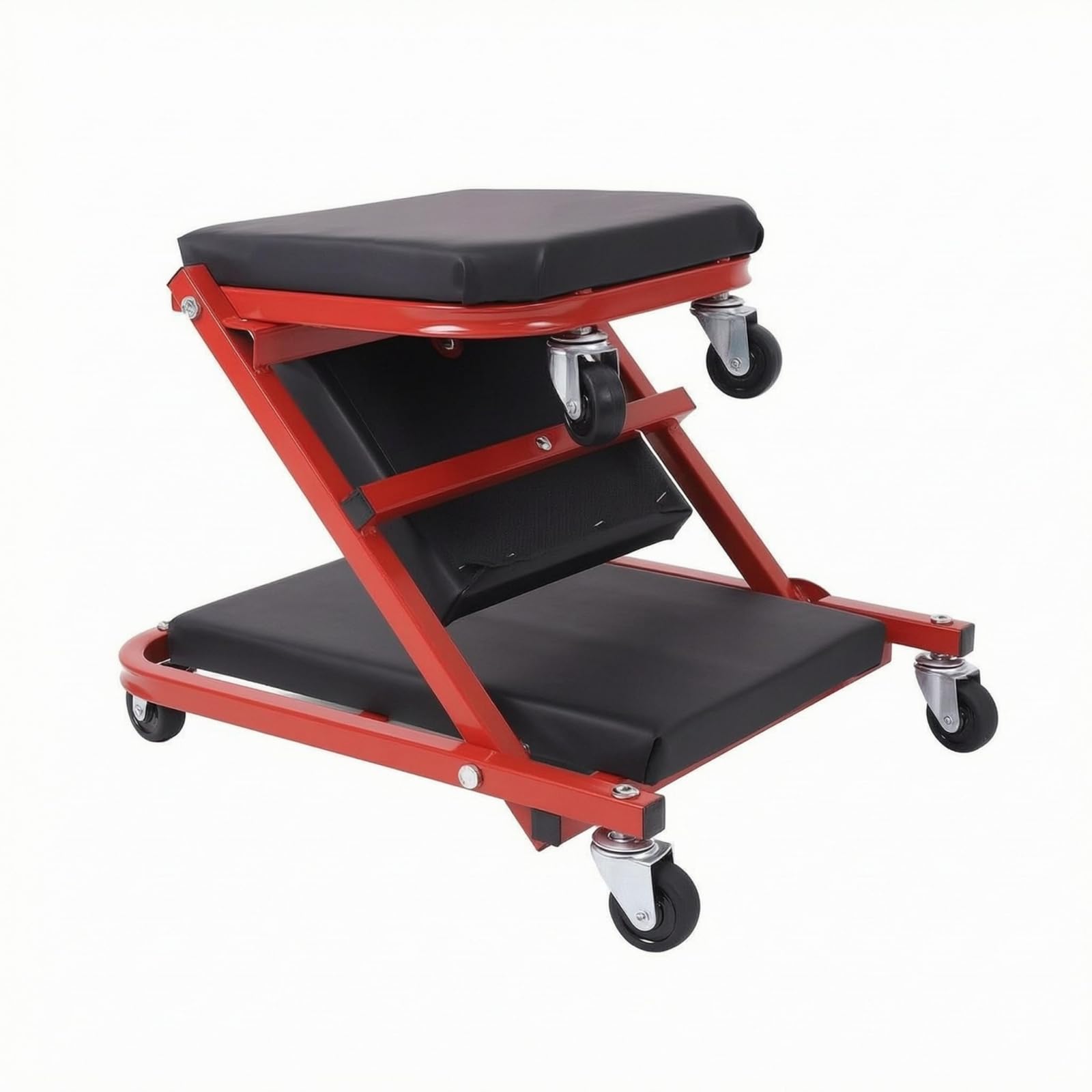 de Trabajo Plegable con Función Doble de Banco y Camilla Marco Resistente con Espuma Ruedas Direccionales y Asiento Ergonómico Adecuada para Mecánicos y Bricolaje, Negro+Rojo, 36 Pulgadas