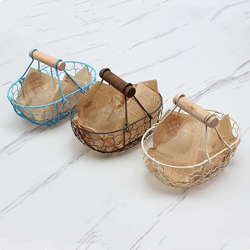 Miniatura 4 de Cesta de alambre de metal con asas de madera, cesta de almacenamiento de huevos de gallina estilo vintage, cestas de frutas de metal estilo