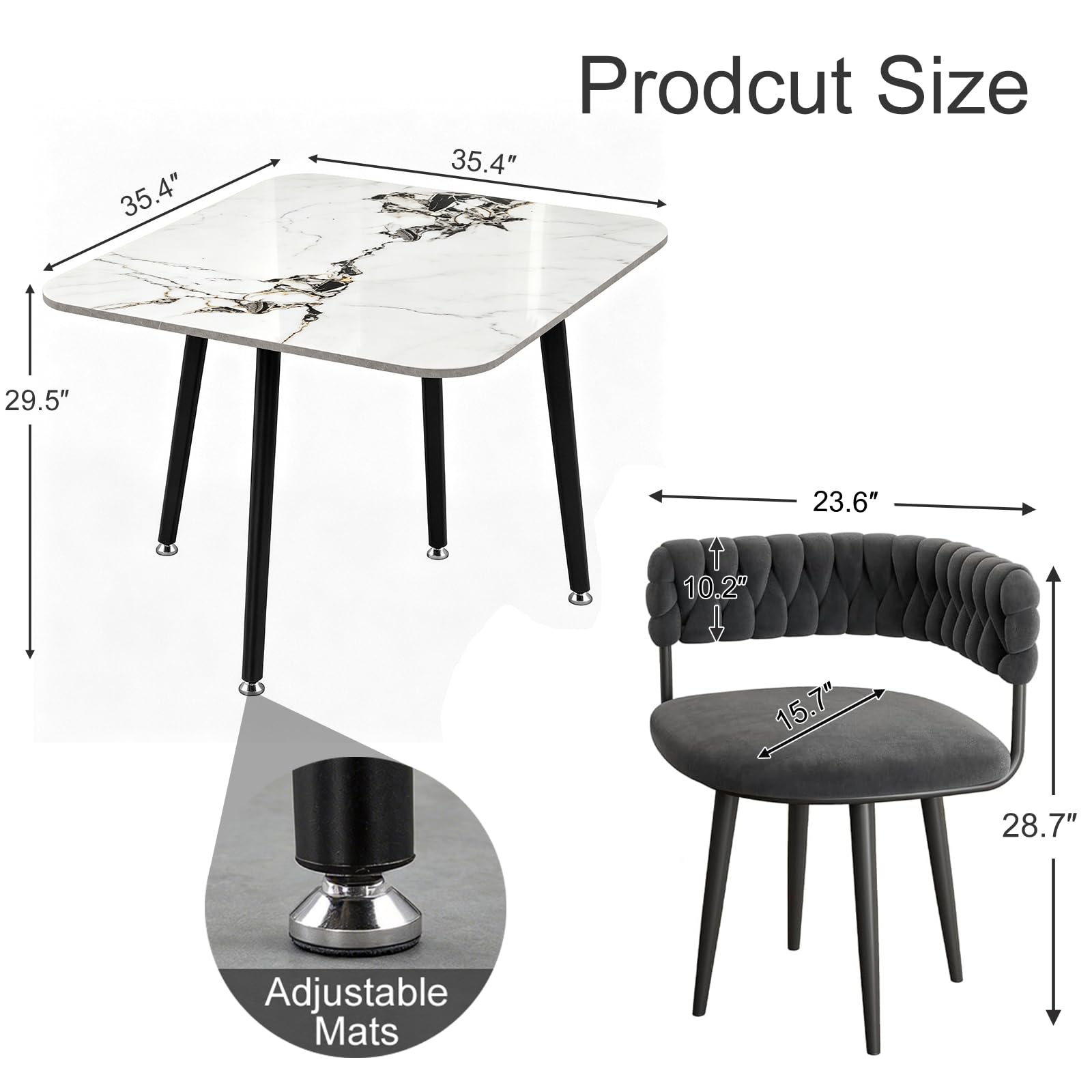 Juego de comedor moderno de 5 piezas: mesa cuadrada de piedra sinterizada con 4 sillas acolchadas de poliuretano, diseño de mármol blanco, ahorra espacio para comedor y apartamento
