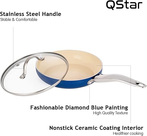 Miniatura 7 de Qstar Sartén antiadherente de cerámica de 10 pulgadas en azul zafiro con tapa y mango de acero inoxidable