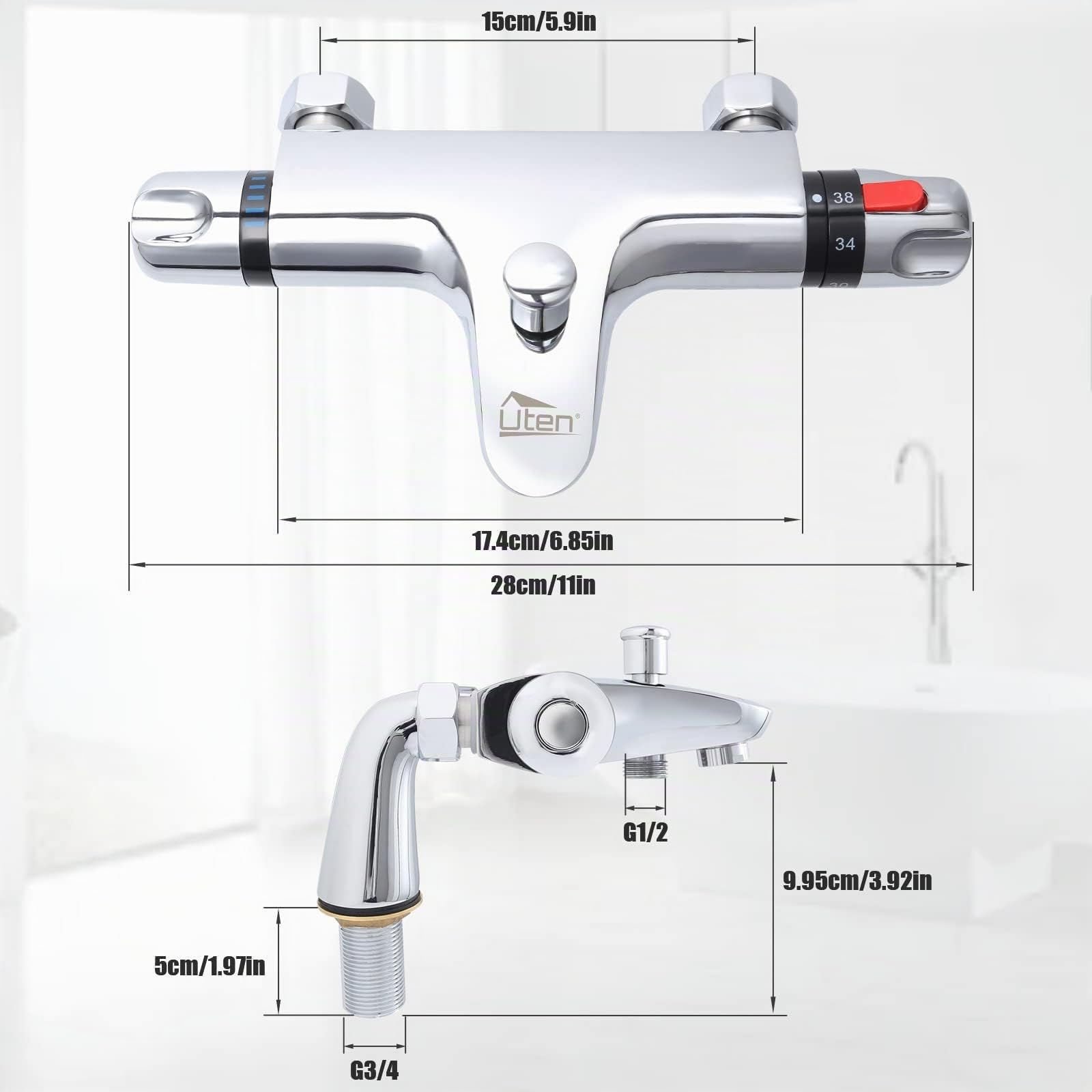 Mitigeur Thermostatique de Douche, Uten Mitigeur Baignoire Thermostatique, Raccord Fileté 1/2", Laiton Robinet Douche pour Salle de Bain avec 38°C Bouton de Sécuri