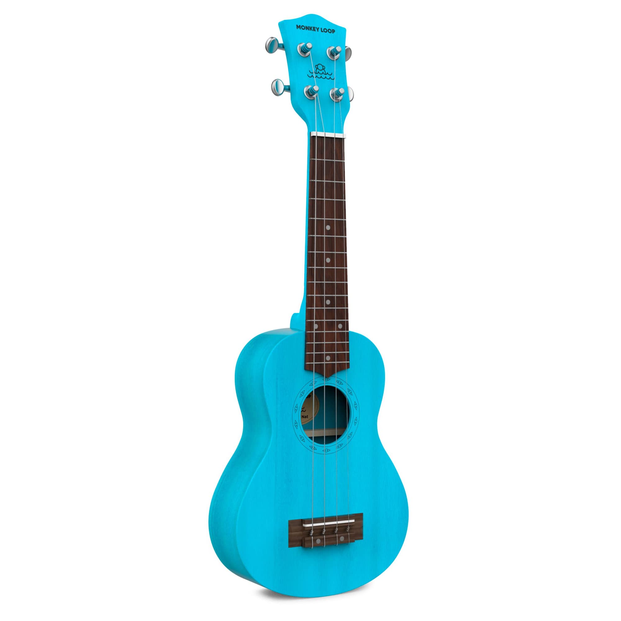 MONKEY LOOP Stone Blue - Ukulélé Soprano - Étui pour Ukulélé Inclus - Equipé de Cordes Aquila - Finition, Réglages et Accordages Surprenants - Bois de Sapelli - Couleur Bleu