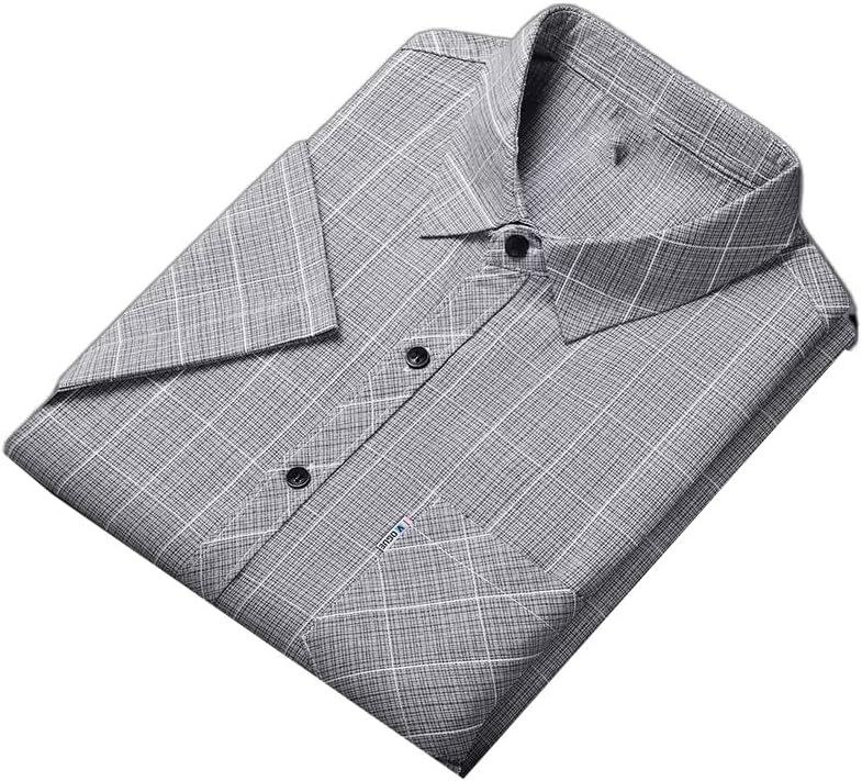 Men's Business Plaid Shirt Korean Streetwear Clothes Short Sleeve Button Pocket Quick-Drying Tops