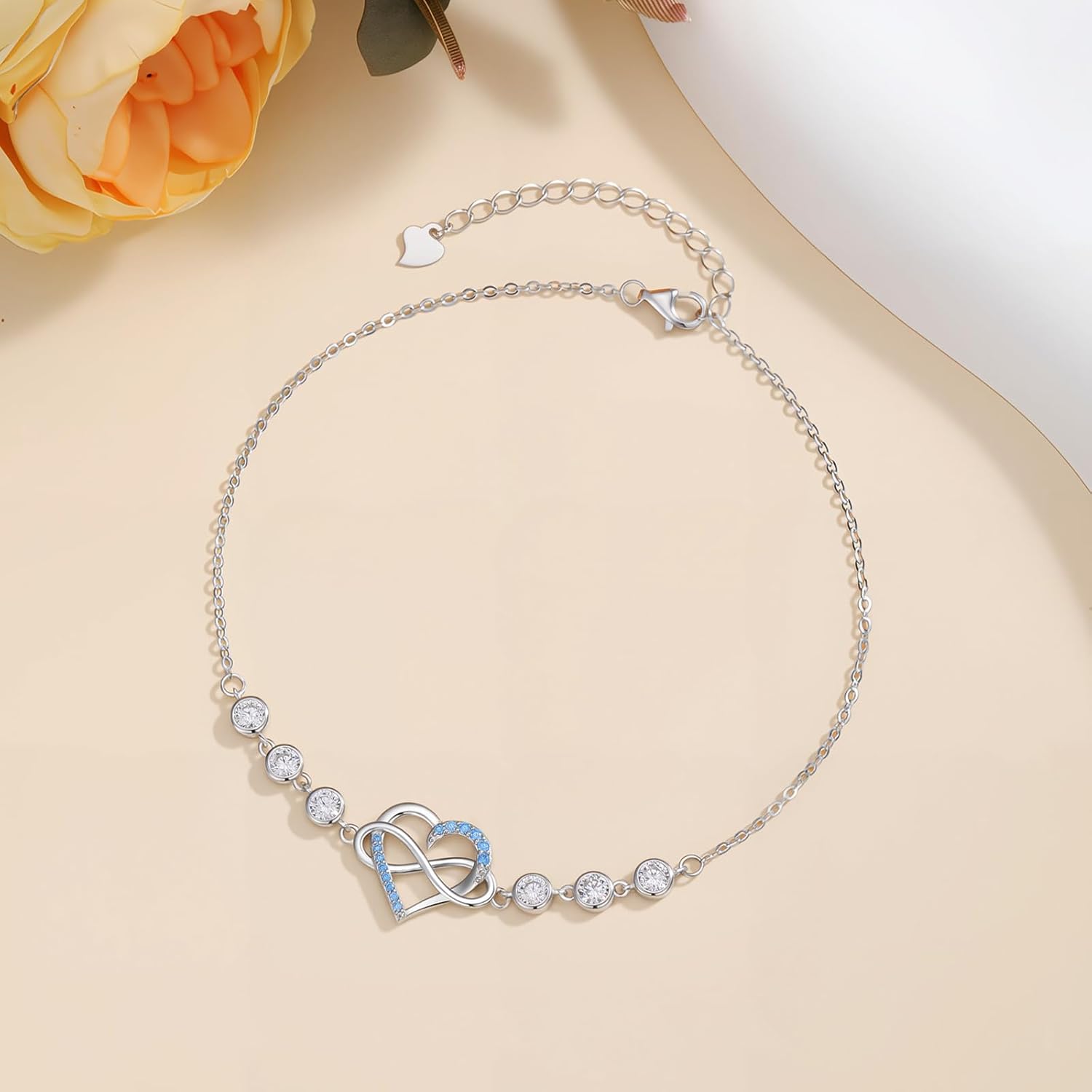Christmas Gifts for Women, Infinity Heart Symbol 925 Sterling Silver Adjustable Anklets for Women with Cubic Zirconia/Gemstones, Endless Love Jewelry Gifts for Her - Image 2