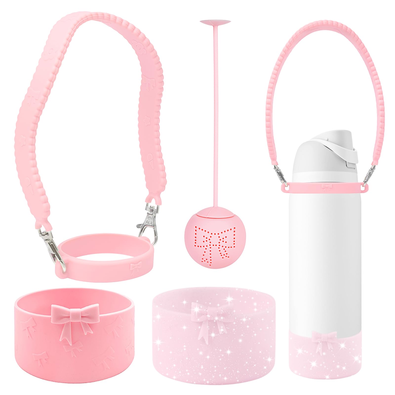 GAISHION Silicone Bow Water Bottles Accessories Set for Owala 32 oz Water Bottles,Including Silicone Water Bottle Handle Strap, Silicone Boots,Silicone Tea Strainer - Pink — image 1