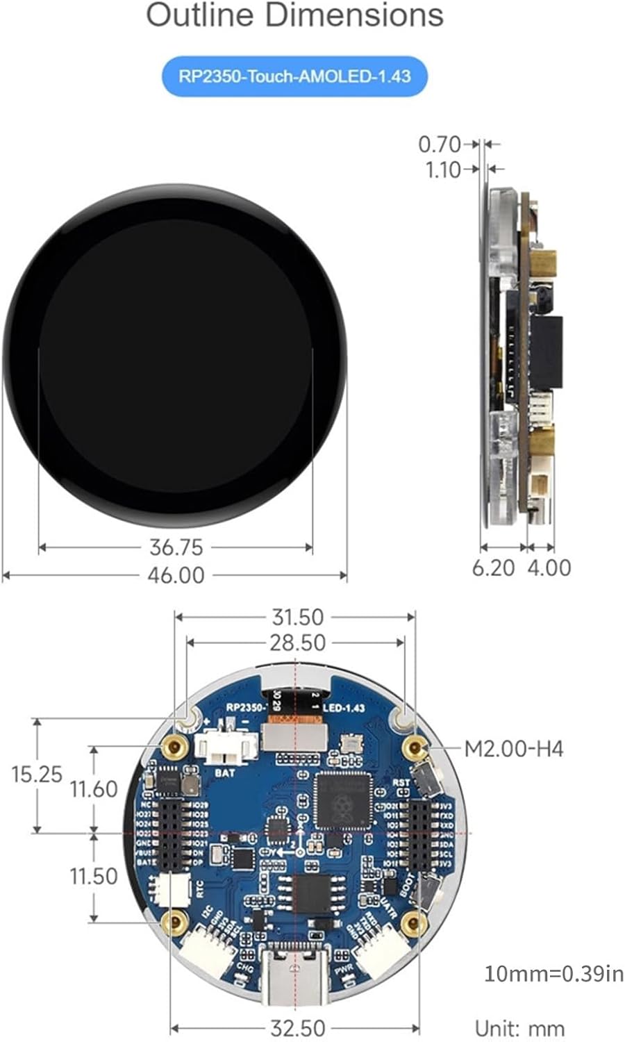 RP2350 ダブルコア ARM RISC V 開発ボード 1.43 インチ AMOLED ディスプレイ SPI I2C USB 拡