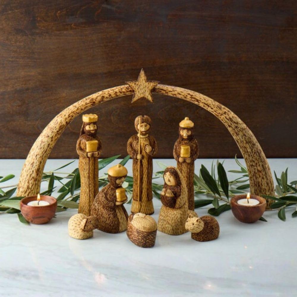 Natural Wood Nativity Set, Seasonal Home Decor, Collectible Wood Figurines, Christmas, Religious, Catholic Home, Christian, Jesus Manger Scene, Holy Family, Tabletop, Rustic, Star Arch, Set of 9