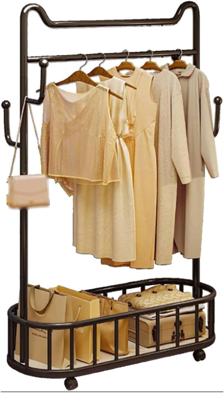 SYALEO Perchero Cute Cat Ear Garment Rack Modern Metal Clothes Rack Coat Stand w/4 Hooks & Bottom Basket Rolling Clothing Rack w/Wheels for Hanging Clothes Laundry Room