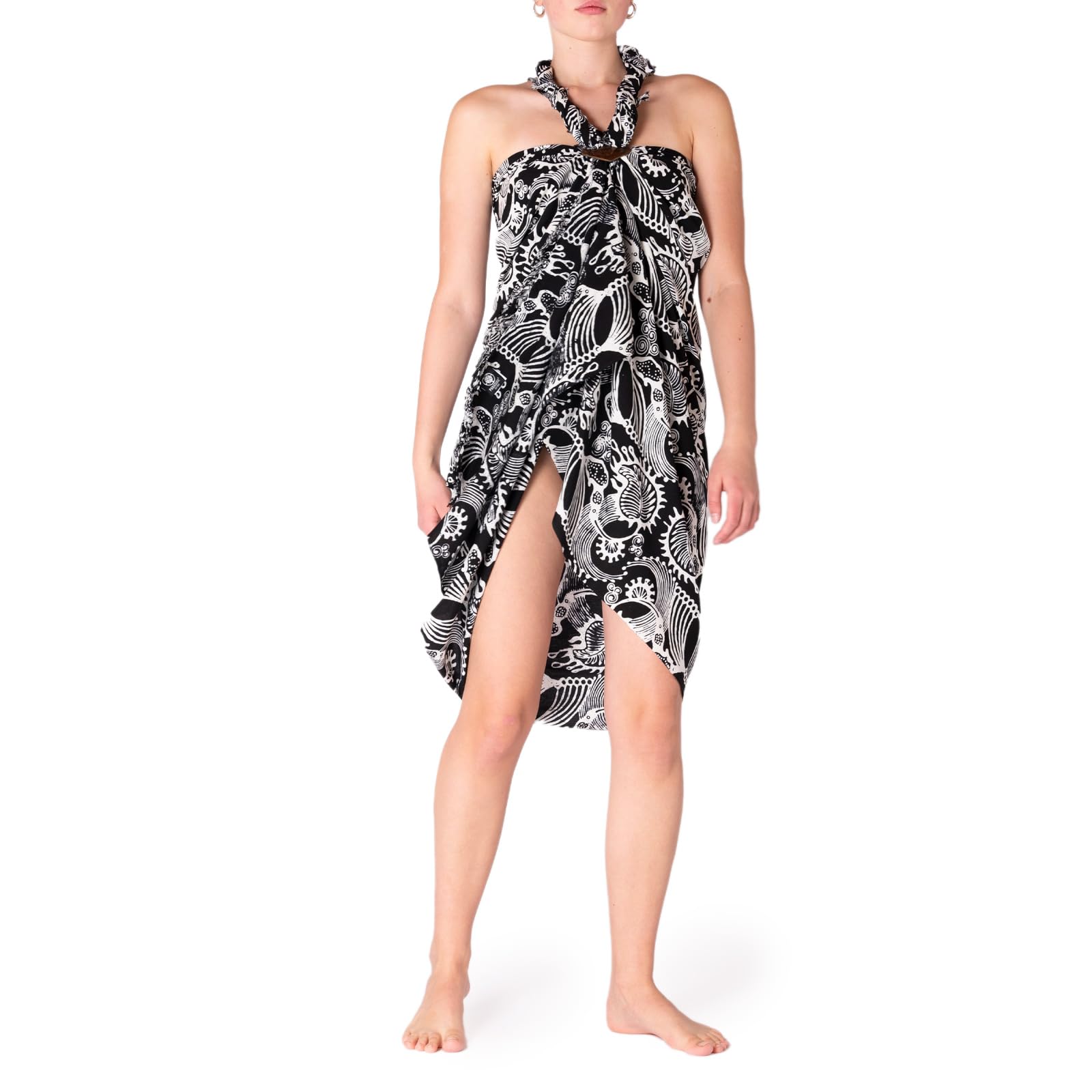 Panasiam Women's B906 Black White Leaves Sarong L
