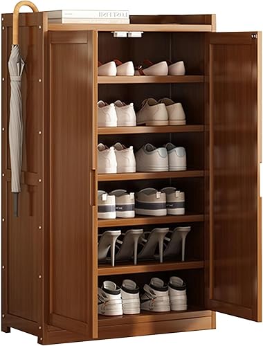 Organizador de almacenamiento de zapatos de bambú para entrada con puertas de persiana, moderno estante de zapatos independiente organizador de