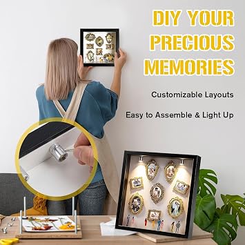 DIY Mini Museum Silhouette Box, Shadow Box Frame with Lights, Golded Minis Frames and Figurines People, Mini Photo Frames Creative Memory Display Kit for Anniversary Birthday Wedding Home Decor
