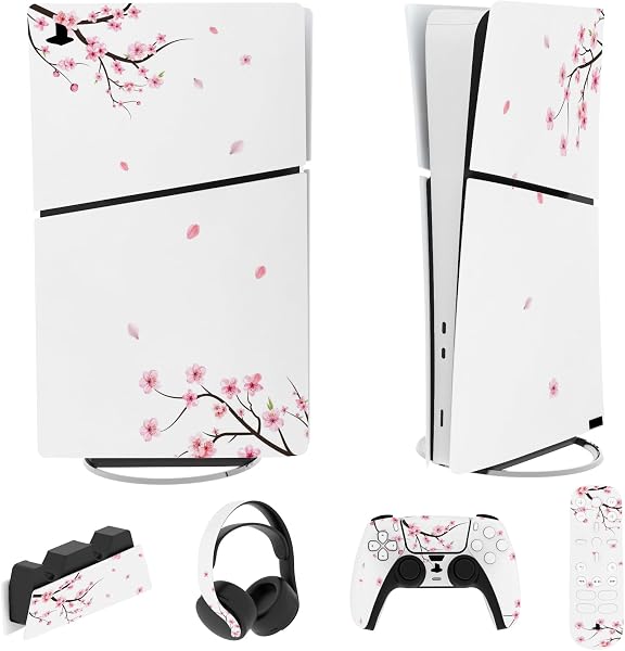 playvital Full Set Skin Sticker for ps5 Slim Console Digital Edition (The New Smaller Design), Vinyl Skin Decal for ps5 Controller & Headset & Charging Station & Media Remote - Falling Cherry Blossom - 1