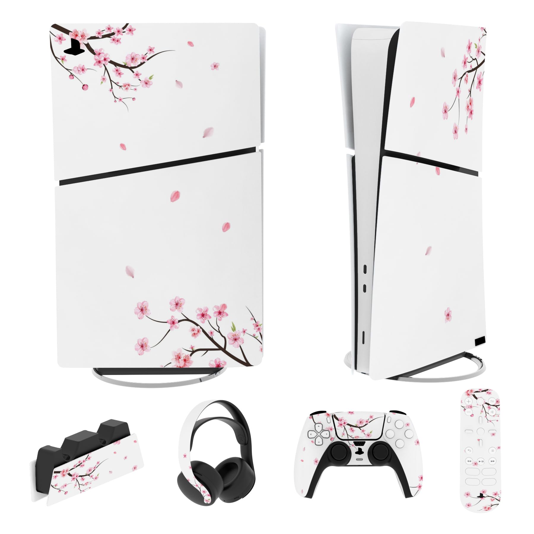 PlayVital Naklejka Akcesoria do ps5 Slim Digital Edition Zestawy Skórek do ps5 Slim Konsola Sticker do ps5 Kontroler&Stacja ładowania&Zestaw Słuchawkowy&Media Remote-Spadający Kwiat Wiśni