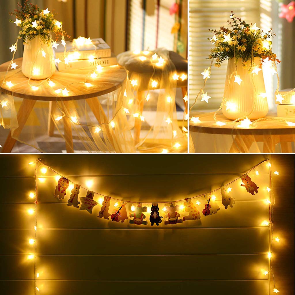 Luz de Navidad con Pilas Estrellas Luces de Cadena 5m 50 Iluminación Decorativa LED para la Navidad cumpleaños de la Boda Cubierta al Aire Libre Warm White