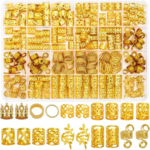 Lucomb 220 Pcs Gold Hair Jewelry for Braids, Loc Jewelry for Hair Dreadlock, Loc Charms for Women, Metal Gold Braid Rings Cuffs Clips for Dreadlock Accessories Clip Braids Extensions Decorations