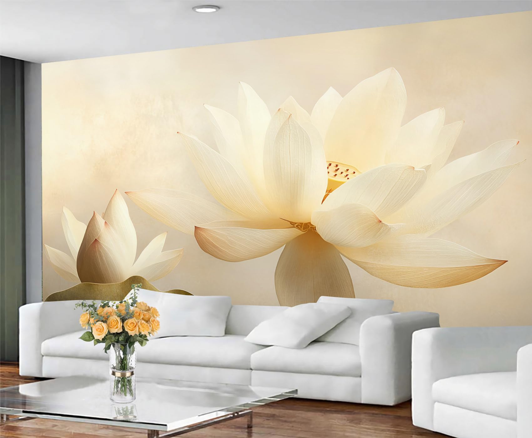 GIVLWF White Lotus Wallpaper for Living Room, Bloom Bedroom Wallpaper, Zen Floral Murals for Walls, Non Self Adhesive Elegant Minimalist Wall Paper & Home Decor