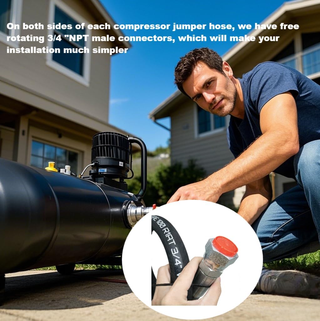 40" x 3/4" Universal Compressor Jumper Hose - High-Temperature 320°F, 3/4" NPT Male Connector, Both Sides Fittings Rotate Freely, 700 PSI