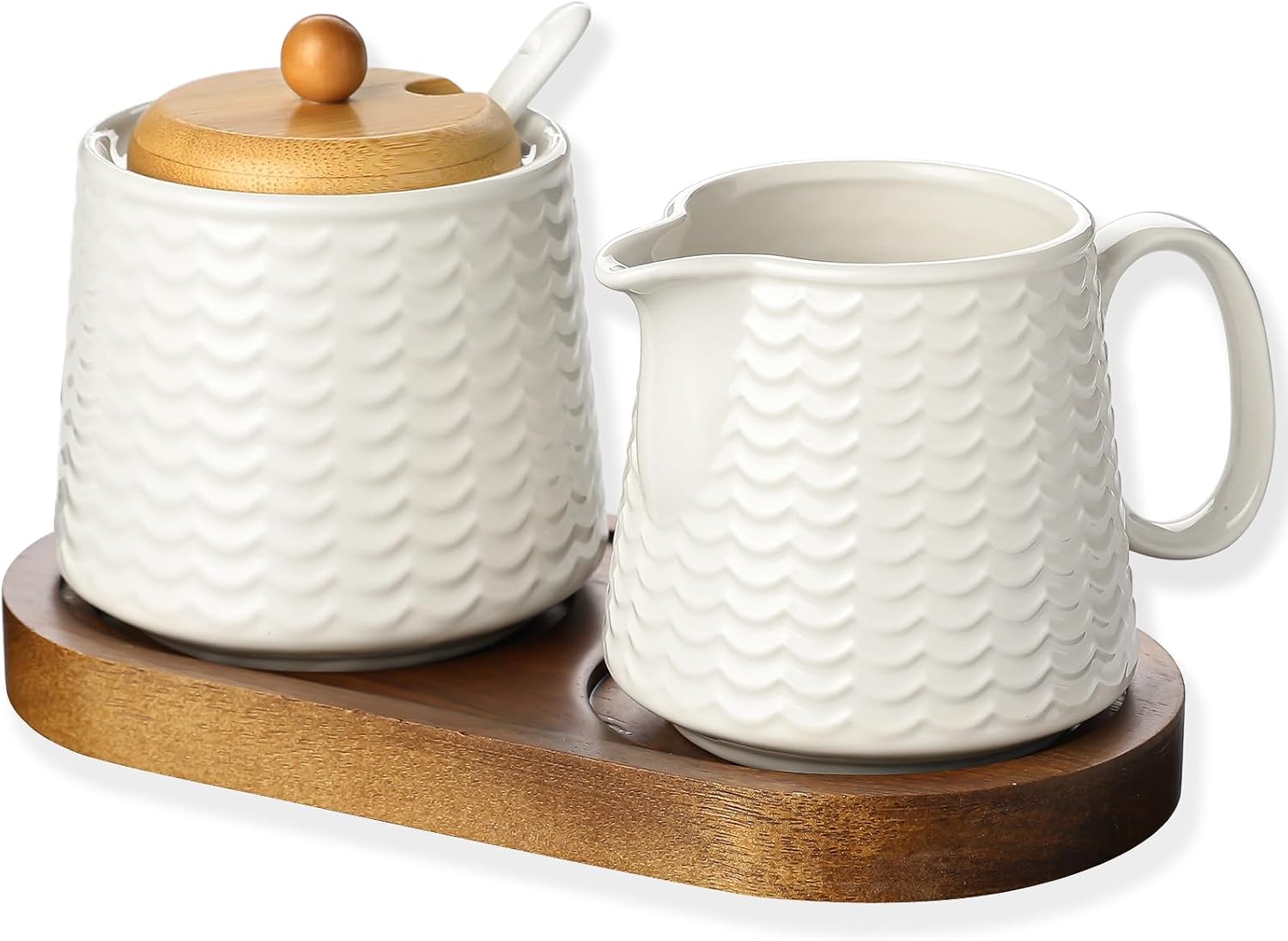 Ceramic Sugar and Creamer Set, Porcelain Coffee Serving Set with Cream Pitcher, Sugar Bowl, Lid & Spoon, 10 Ounce Creamer Container and Sugar Pot (CTNAIXSMU2)