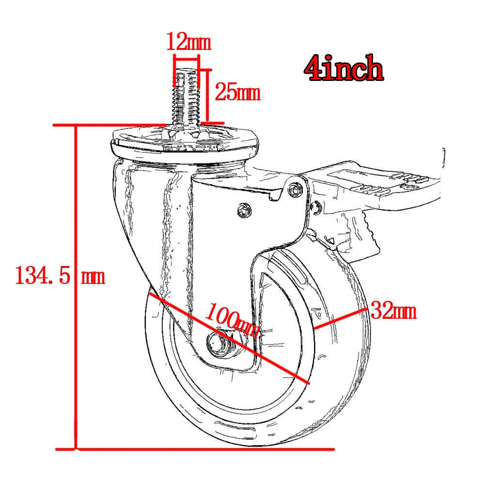 Schwerlastrollen M12-Gewinde 3 '' / 4 Inch 400 Kg Industriell Transportrollen Mit Bremse Universal- Schwenken Leise Stengel Lenkrollen Doppellager Zum Fabrik Hotel Schule 4 Packungen