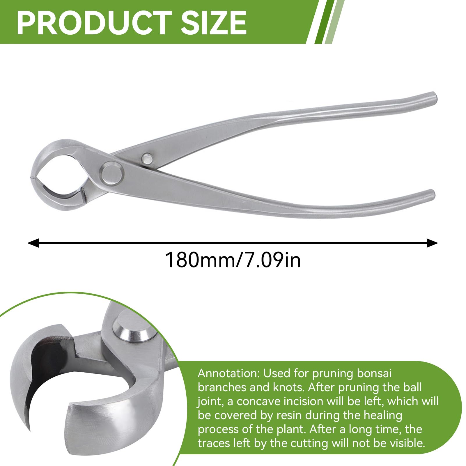 Cortador cóncavo de acero inoxidable para bonsái de 180 mm, ideal para podar, recortar y dar forma, con mango ergonómico, tijeras para bonsái, herramienta de jardín