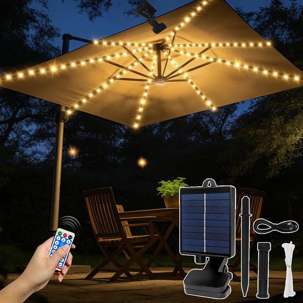 Illuminazione per Ombrellon,Luci Solari per Ombrellone,104 LED,8 Modalità,IP67 Impermeabile,con telecomando,USB,Decorazione Ombrelloni,Giardino,Tenda da Campeggio