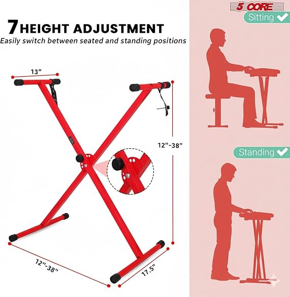 5 CORE Keyboard and Piano Stand Single X Style Height Adjustable Portable Stable Metal Alloy Construction w Locking Strap Easy to Assemble for On Stage Studio Red - KS 1X RED