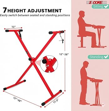 5 CORE Keyboard and Piano Stand Single X Style Height Adjustable Portable Stable Metal Alloy Construction w Locking Strap Easy to Assemble for On Stage Studio Red - KS 1X RED
