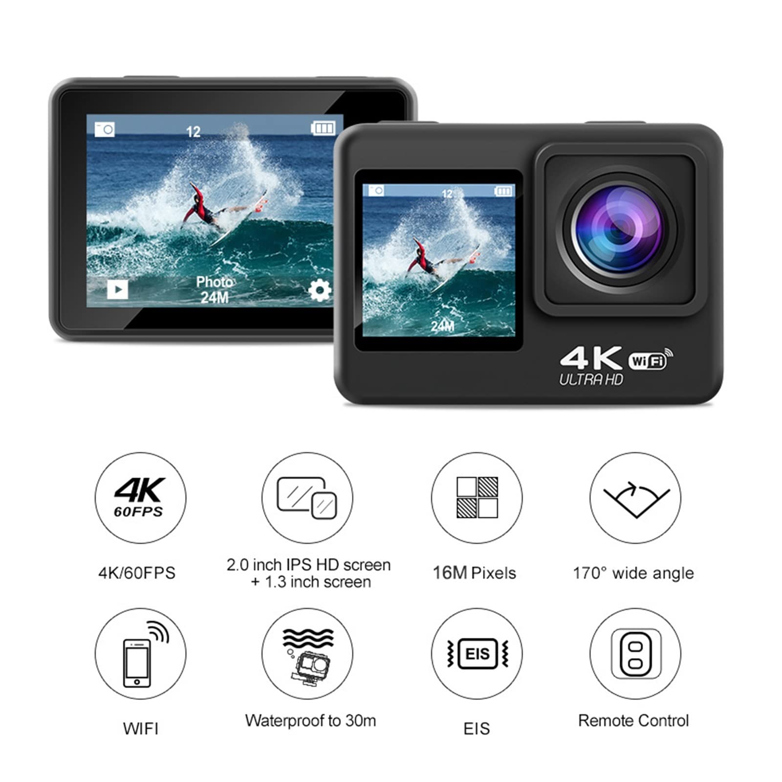 Action Cam, 60fps 4K Action Camera 16MP LCD da 2,0 Pollici EIS Zoom 4X Riprese Video 30m Impermeabile Go Sports Helmet PRO Cam,All'aperto, Sport, Video(with 128G SD Card)