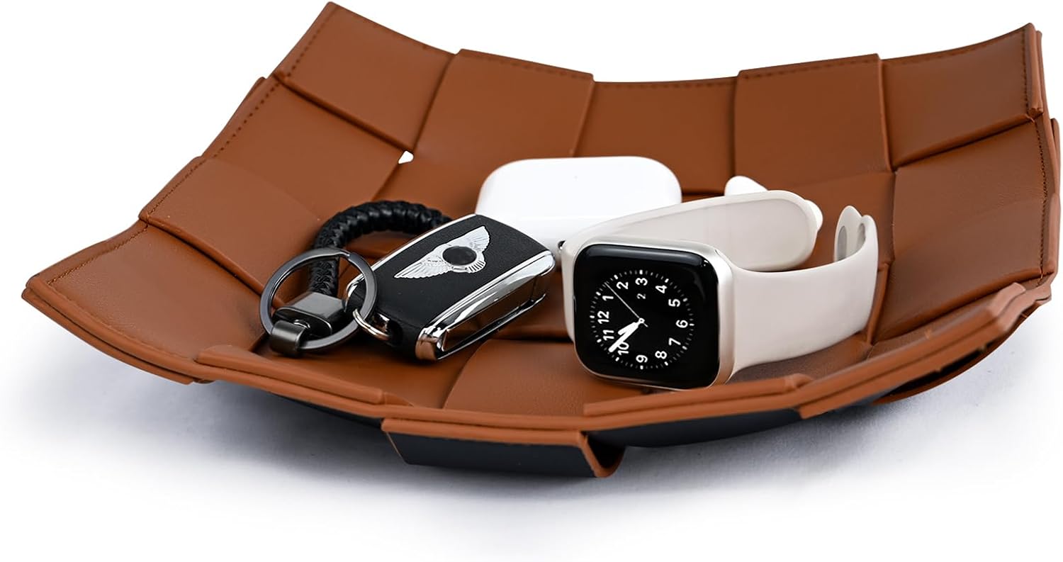 Valet Tray PU Leather Key Holder Bowl for Men Entryway Table Nightstand Desk Tray for Wallet, Keys Men's Gift - Brown & Black, 9.8" L x 9.8" W x 2" H