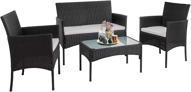 XEO HOME 4 Pc Rattan Garden Furniture Sets, 4 Piece Indoor, Outdoor, Table and Chairs Set, Balcony, Patio and Conservatory Furniture Sofa, Backyard, Pool Side Coffee Seater (Black)