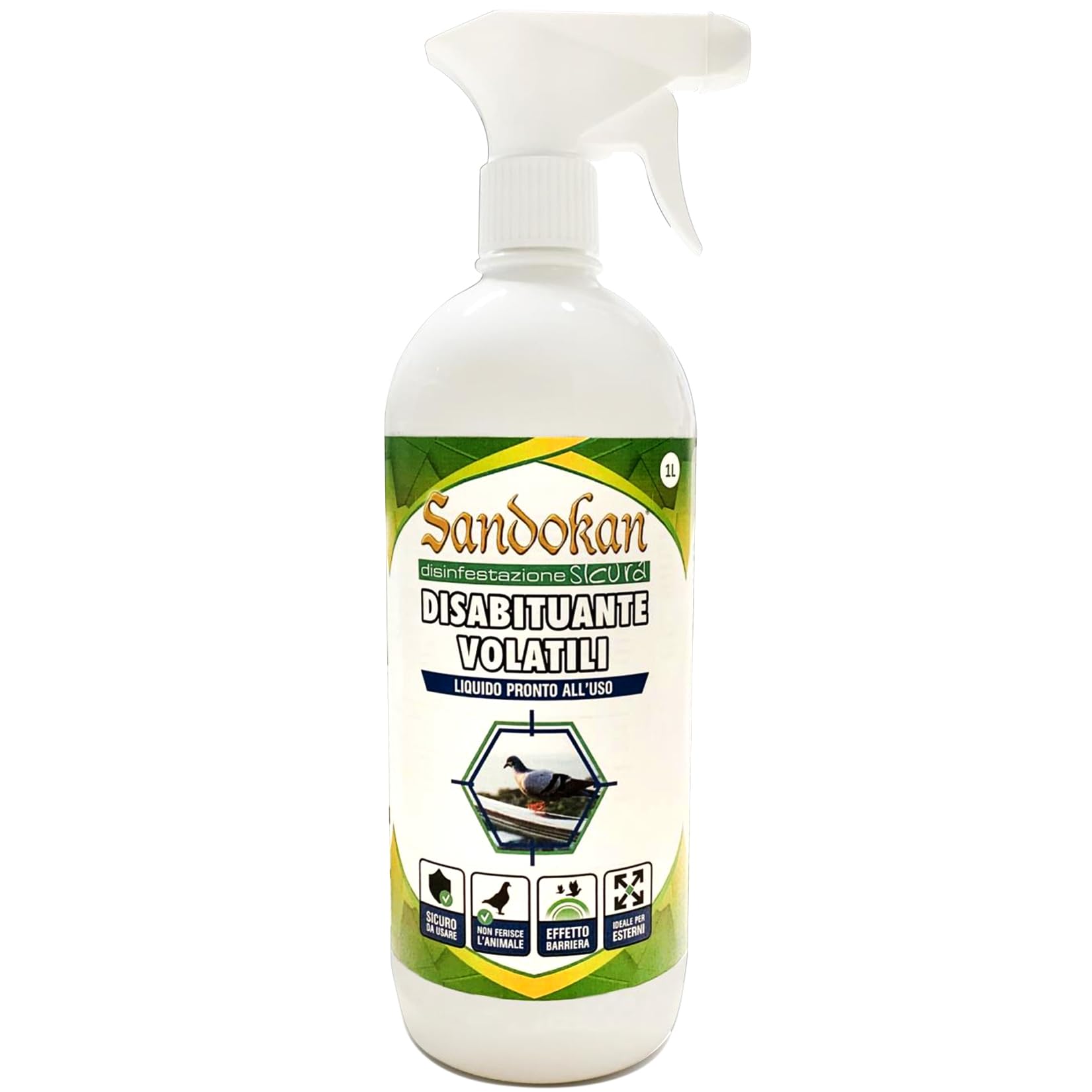 Sandokan Ahuyentador de Palomas Spray 1 Litro, Repelente Natural de Aves Listo para Usar, Disuasorio Líquido para Balcones y Ventanas Sin Gas, Fabricado en Italia