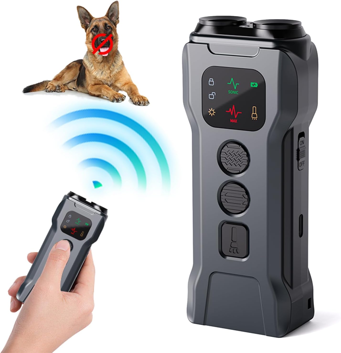 R9 Ultrasonic Dog Repellent Device with LED Flashlight, Dual Head Anti Barking Dog Deterrent, 15-30KHz Pet Training Device with 2 Modes for Walking & Outdoor Protection (Black)
