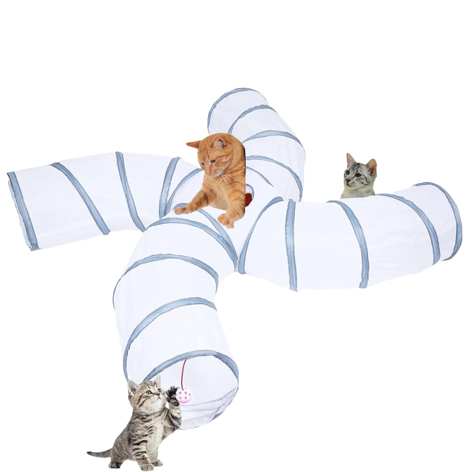 EGETOTA Cat Tunnel for Indoor Cats Large, with Play Ball S-Shape 4 Way Collapsible Interactive Peek Hole Pet Tube Toys, Puppy, Kitty, Kitten, Rabbit (S4 - White &amp; Grey)