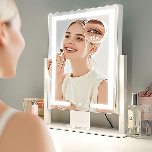 Miniatura 7 de Espejo de maquillaje con luces, espejo de tocador con luces, espejo de mesa con aumento desmontable de 15X, 3 modos de color y control táctil