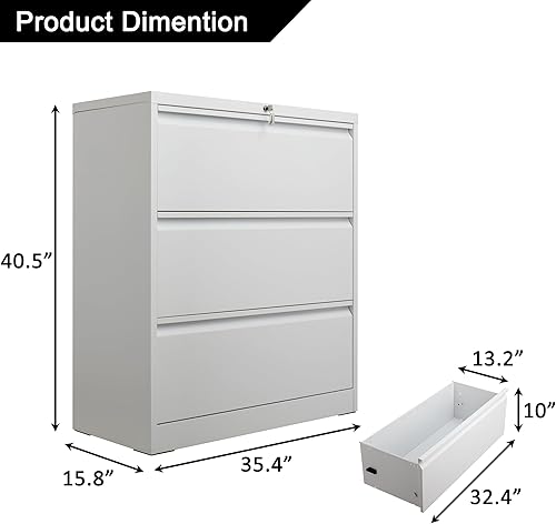 Miniatura 3 de Finnhomy Archivador lateral de 3 cajones con cerradura, archivadores de metal para oficina en casa, gabinete de almacenamiento resistente para