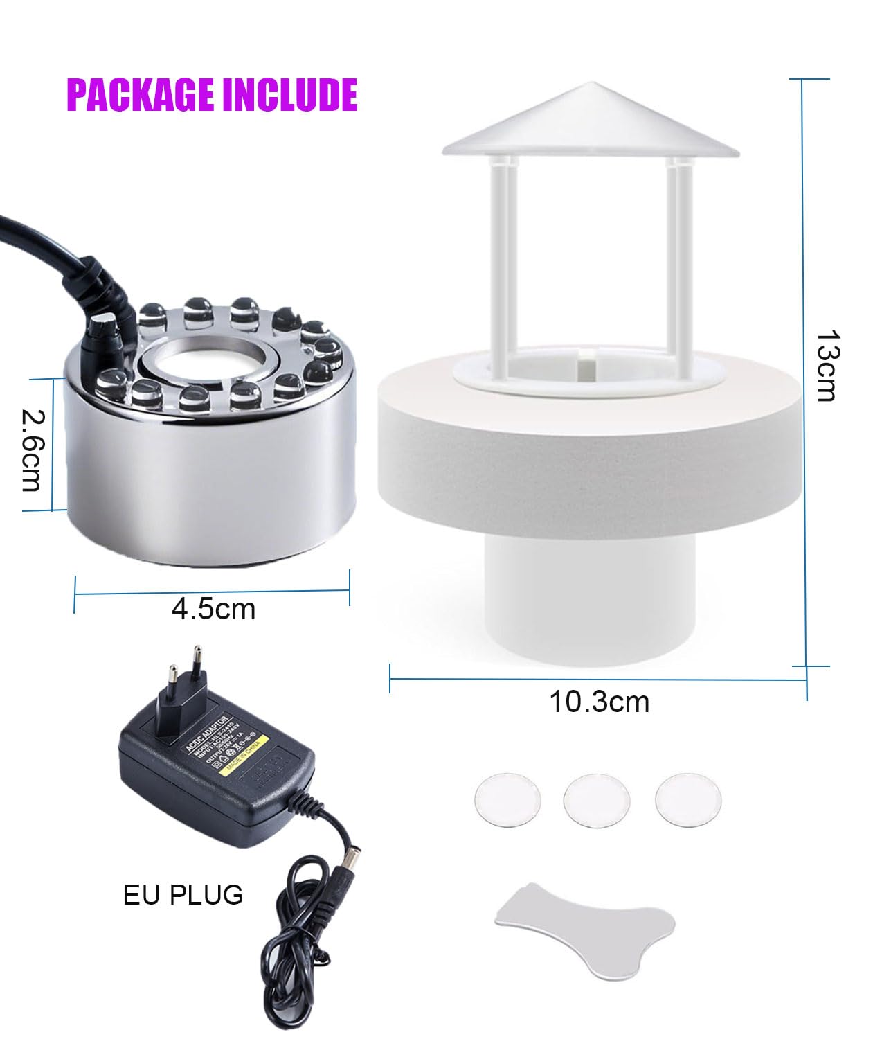 KINGYEENUO Fogger - Fogger a ultrasuoni 350 ml/H con 12 luci LED, Splash Guard, Float e 3 dischi di ricambio per acquario, stagno, serbatoio di pesce, alloggiamento rettile, Rocky, fontana interna