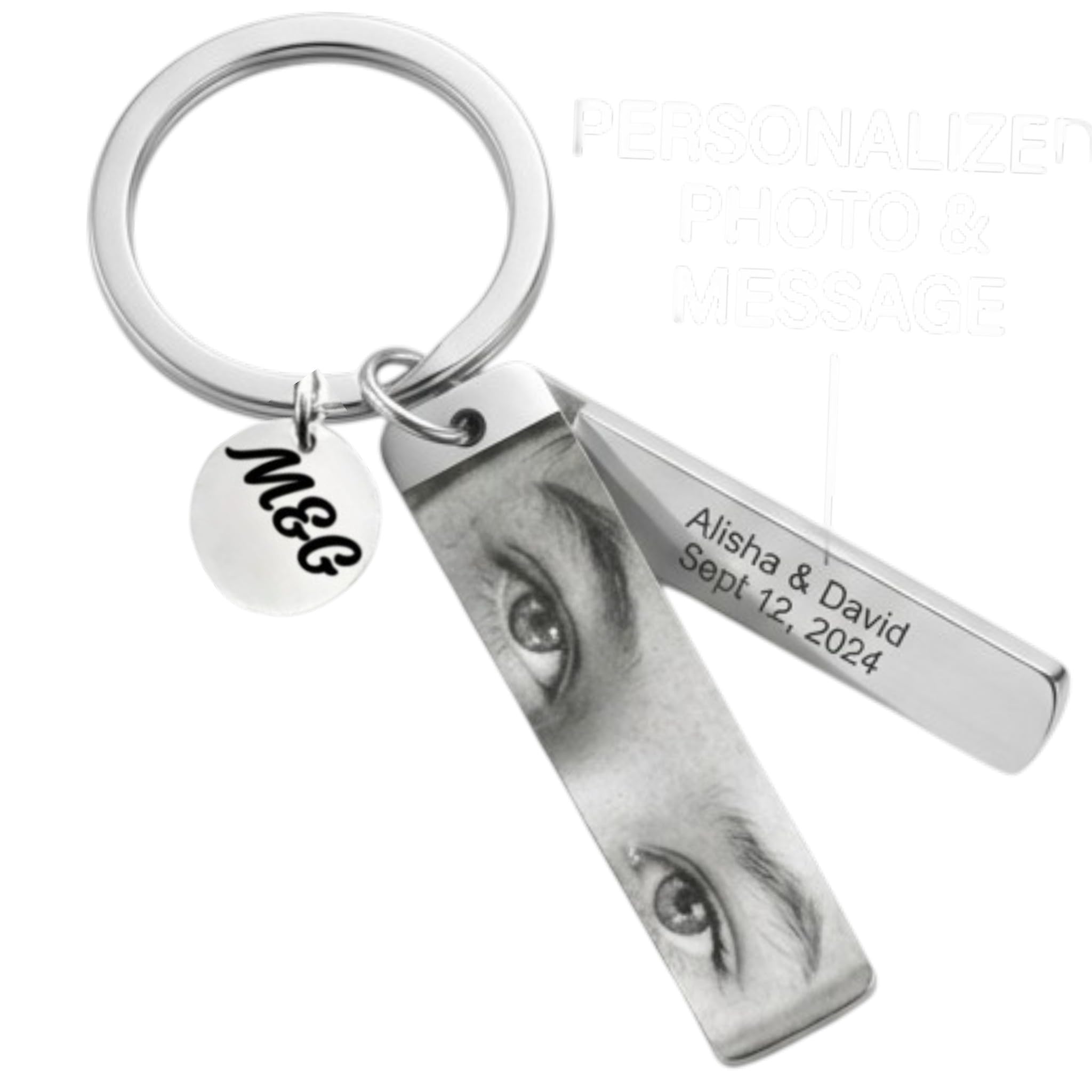 LASER ENGRAVED EYES AND CUSTOMIZED TEXT MESSAGE WITH INITIAL BAR KEYCHAIN - SILVER(3 ENGRAVINGS)-image-6