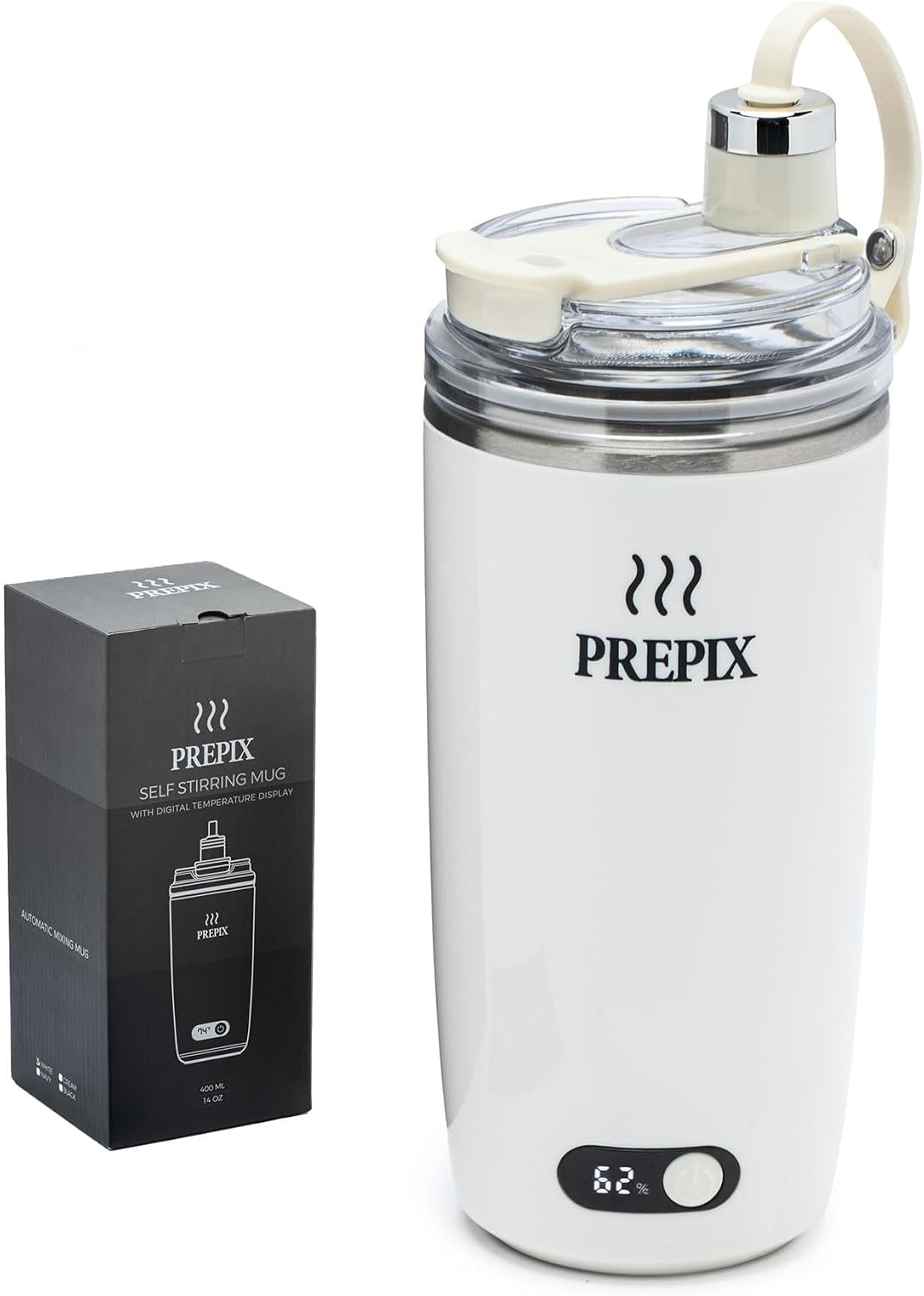 PREPIX Self Stirring Mug, USB-C Rechargeable Coffee Mixer, Stainless Steel Insulated Travel Mug with Electric Stirrer & Spill-Proof Lid, for Coffee, Hot Chocolate & Matcha, 14oz