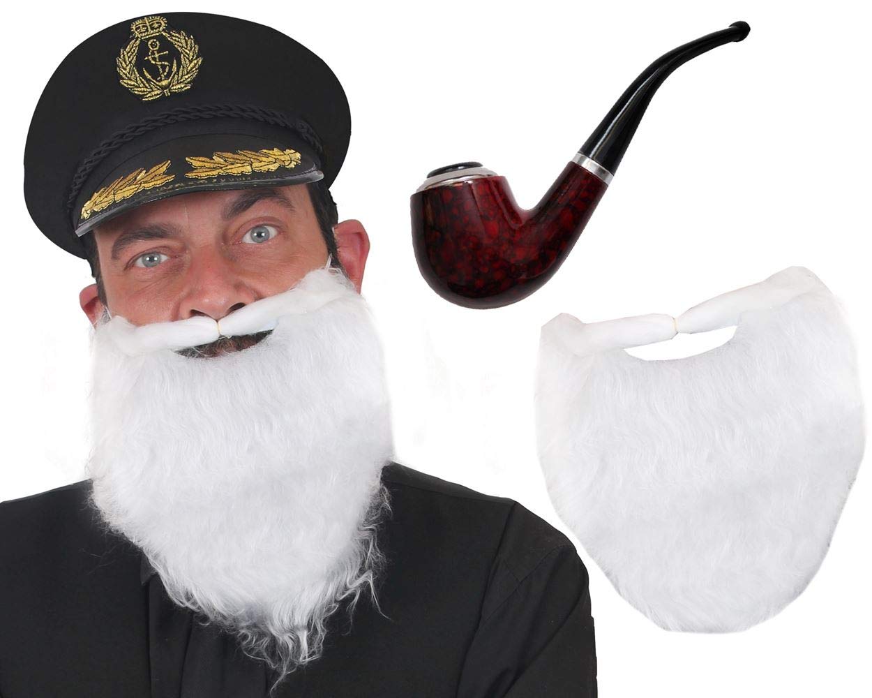 Captain Set - Black Sailor Hat, Elastic White Beard & Pipe – Navy Fancy Dress Costume Kit for Adults – Sea Boat Accessory for Parties, Role Play, Halloween & Events
