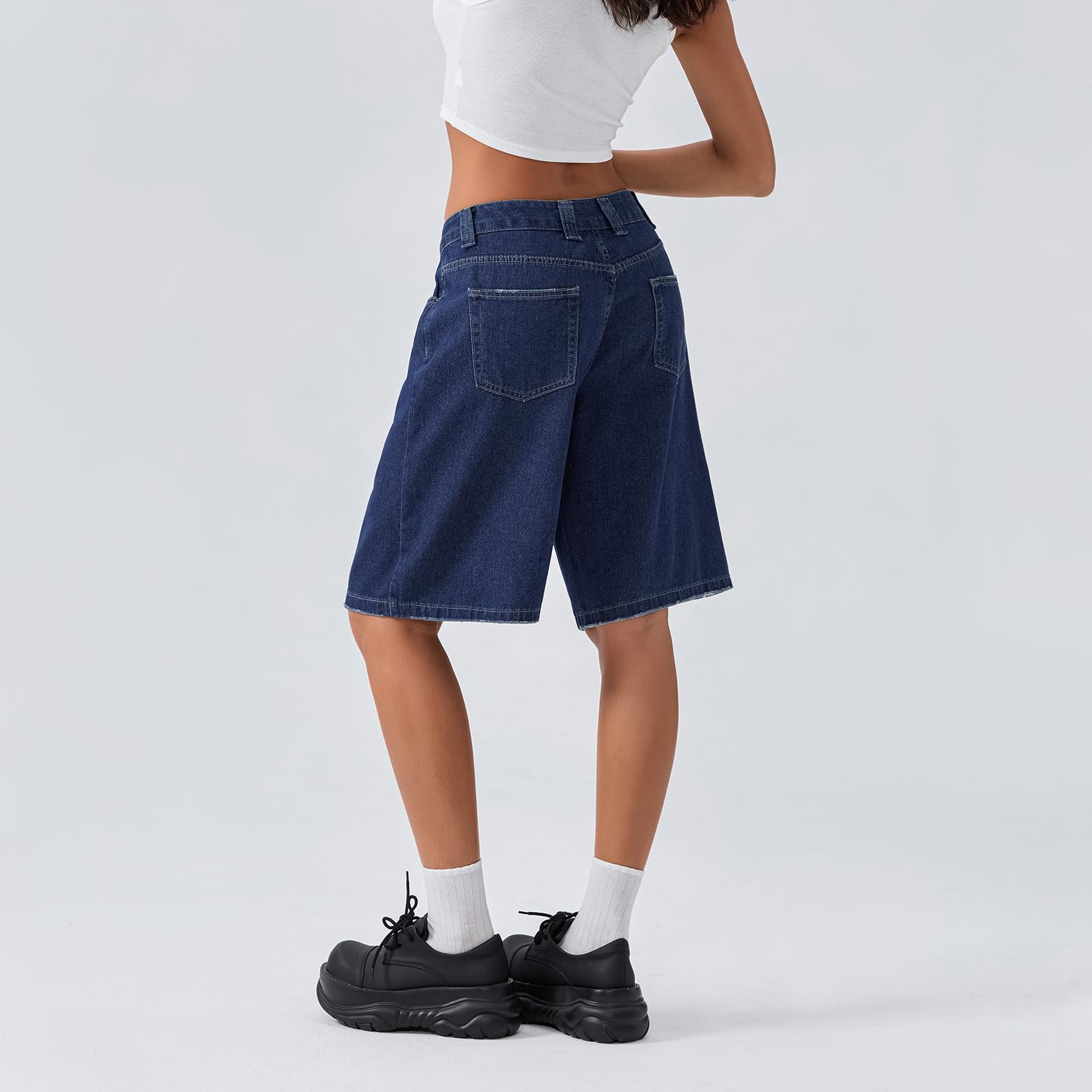 Bermuda ample en jean longueur genou pour femme - Taille basse - Jambe large - Avec poches - Jorts décontractés