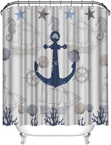 Cortina de ducha con ancla náutica, barco, mar, océano, aventura, tema impreso, azul marino, impermeable, tela impermeable, juego de cortina de baño