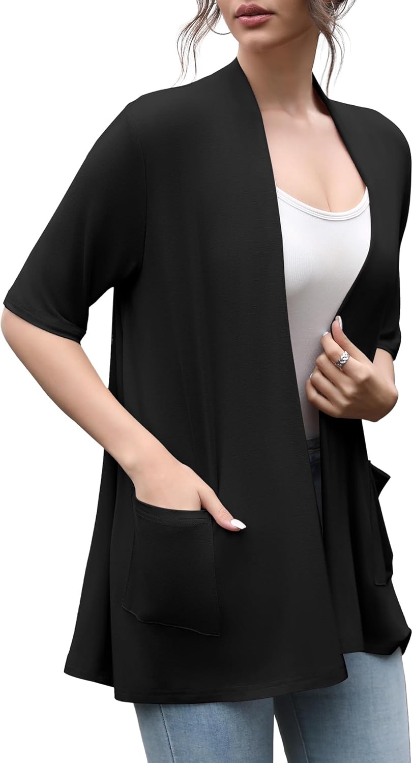 HIYIYEZI Women's Short Sleeve Open Front Cardigan Casual Loose Lightweight Cardigans with Pockets