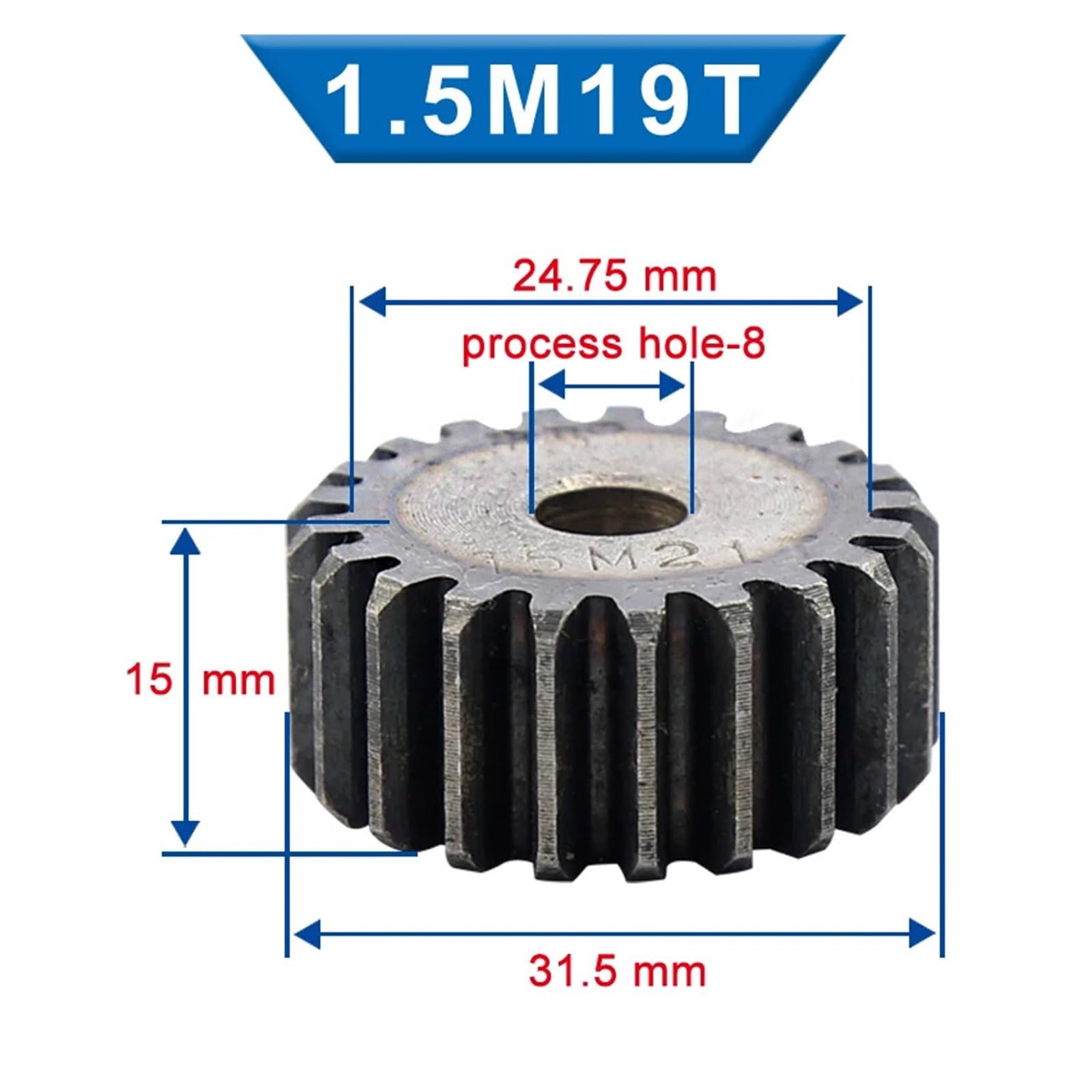 Bevel Gear Pinion Hardware Mechanical 1.5M Spur Gear 16/17/18/19T Teeth 8 mm Process Hole Gear Wheel Low Carbon Steel Material Flat Gear 15 mm(19 Teeth)