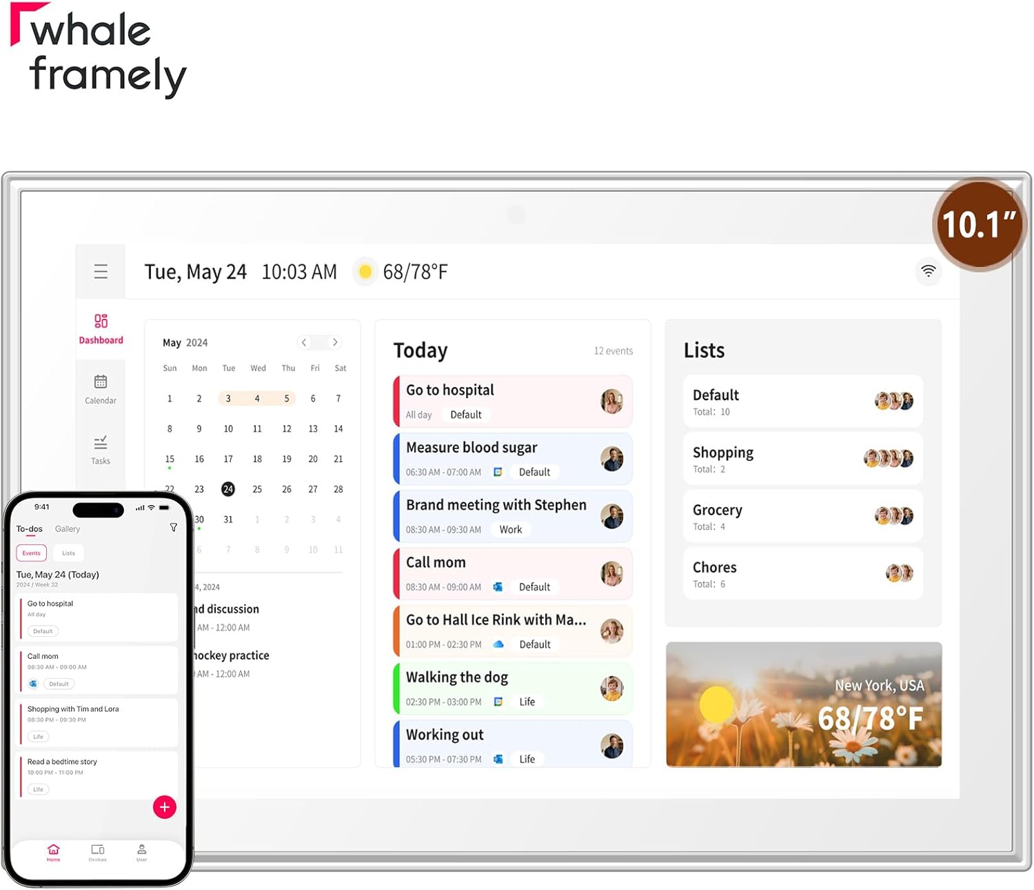 Whale Framely 10.1 Inch Digital Wall Calendar, Smart Family Schedule & Chore Chart, IPS FHD Touchscreen Wall Planner with Auto-Rotate, Wall Organizer, Gift for Women/Mom