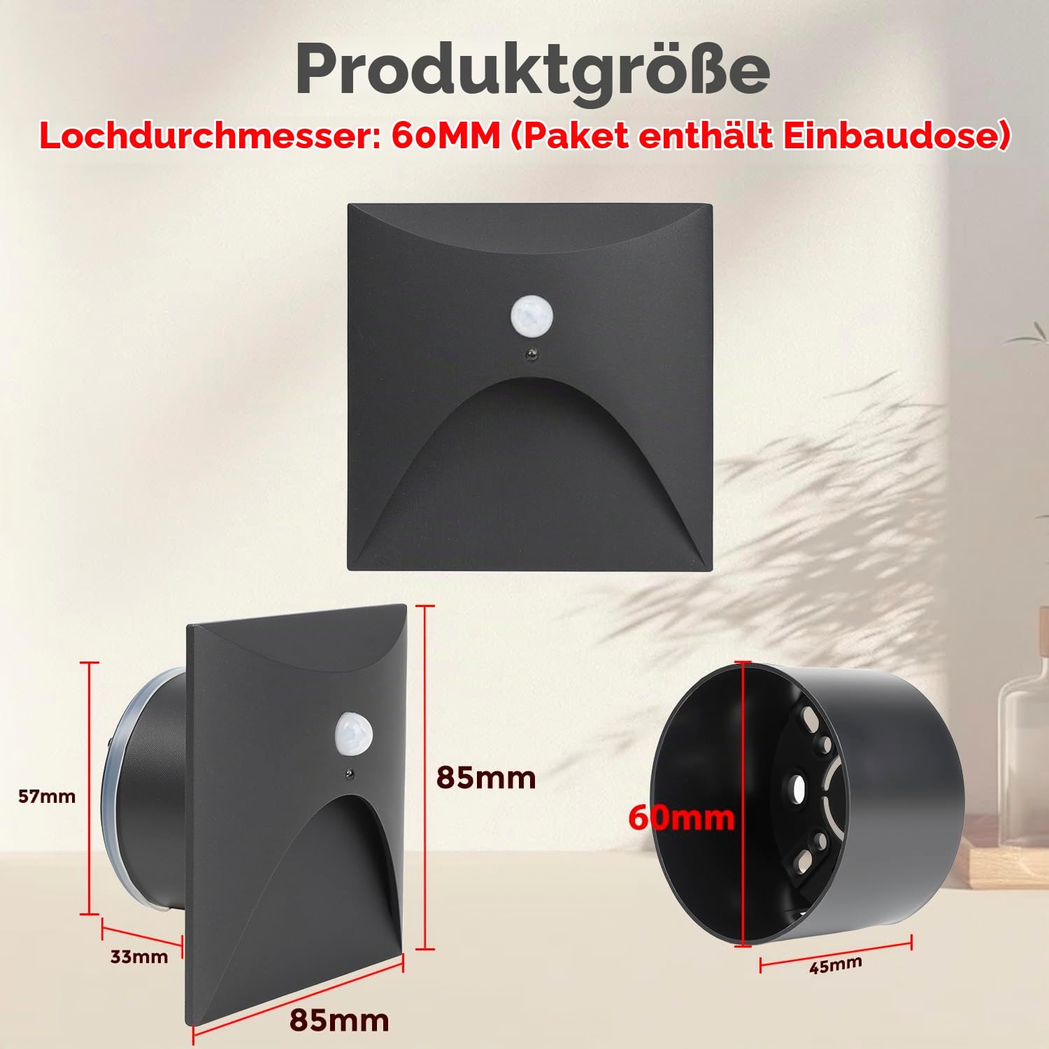 4er 3W LED Treppenlicht mit Bewegungsmelder [Nicht für 60mm Standarddosen] Warmweiß Alu Einbaustrahler 230V Eckig Wandeinbauleuchte Treppenleuchte Wasserdicht Innen Außen Schwarz Stufenlicht